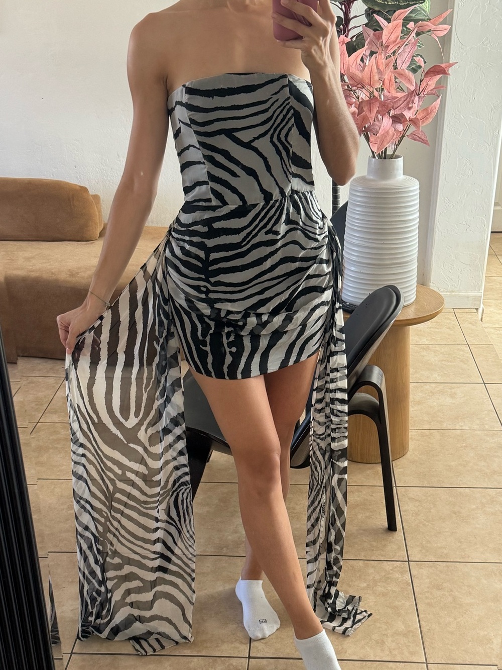 Strapless Black and White Zebra-Print Asymmetrical Dress